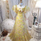 Yellow floral square neckline slim waist A-line dress, prom dress R5305