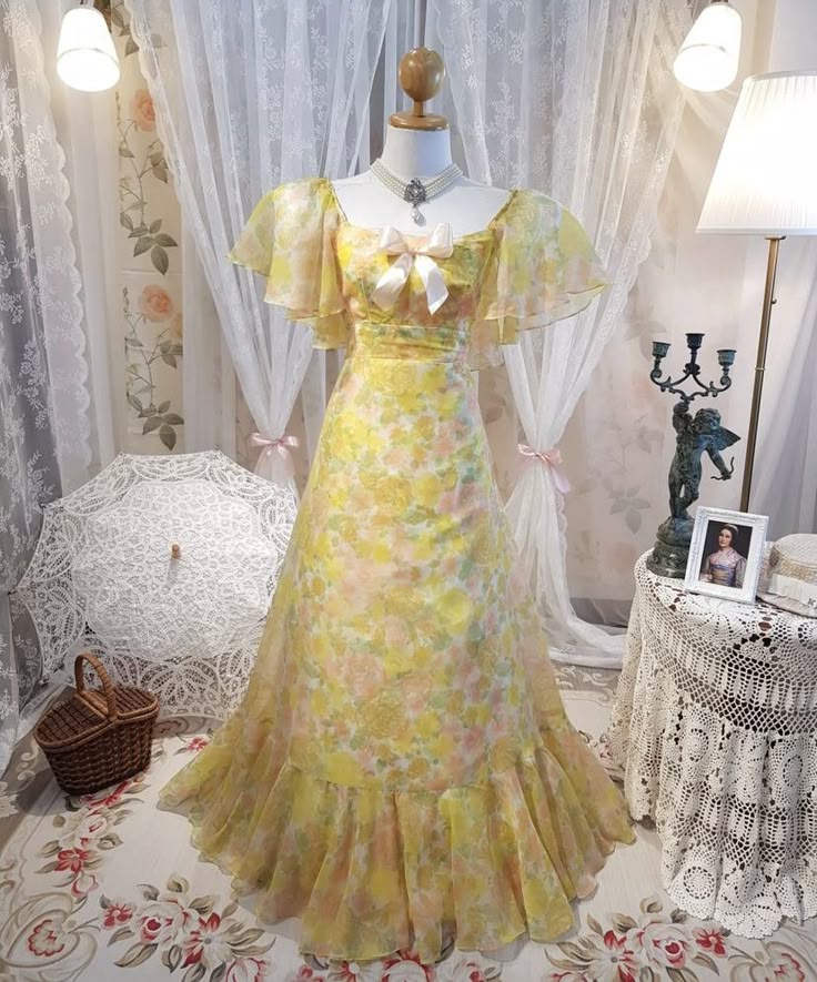 Yellow floral square neckline slim waist A-line dress, prom dress R5305