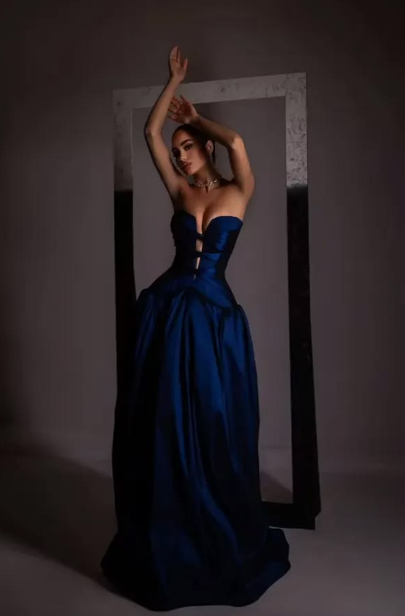 Sexy Silky Satin Corset Prom Gown , Elegant Navy Maxi Evening Dress RS1910