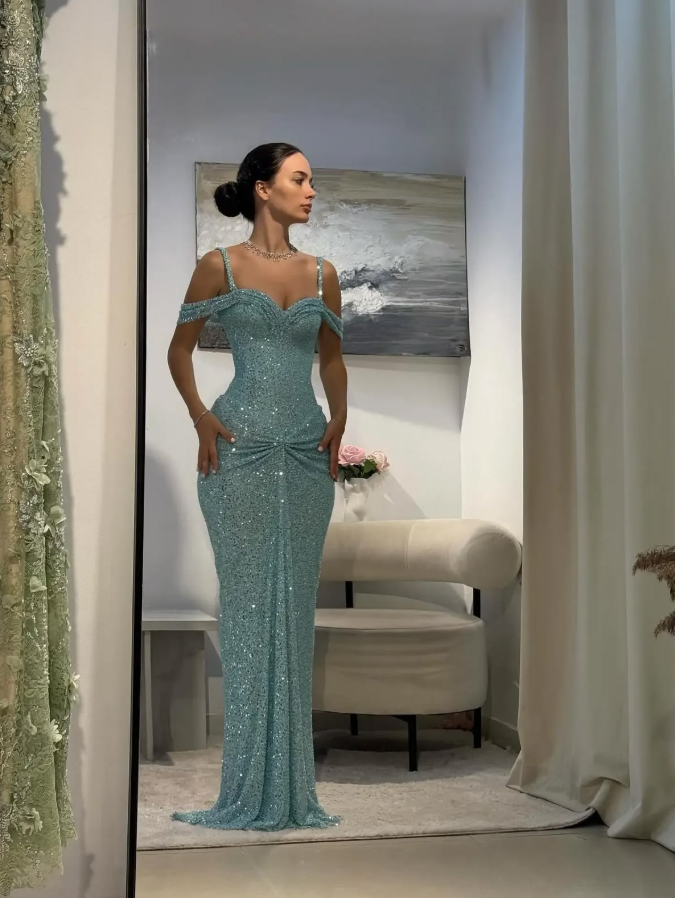 Sexy Sequins Tulle Bodycon Prom Gown , Sparkly Mint Green Maxi Evening Dress RS1911