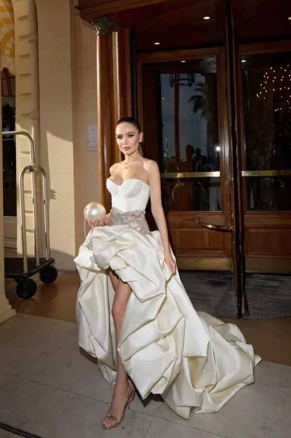 Silky Satin Corset Prom Gown , French Chic White Hi-Lo Evening Dress Celebrity Dress RS1912