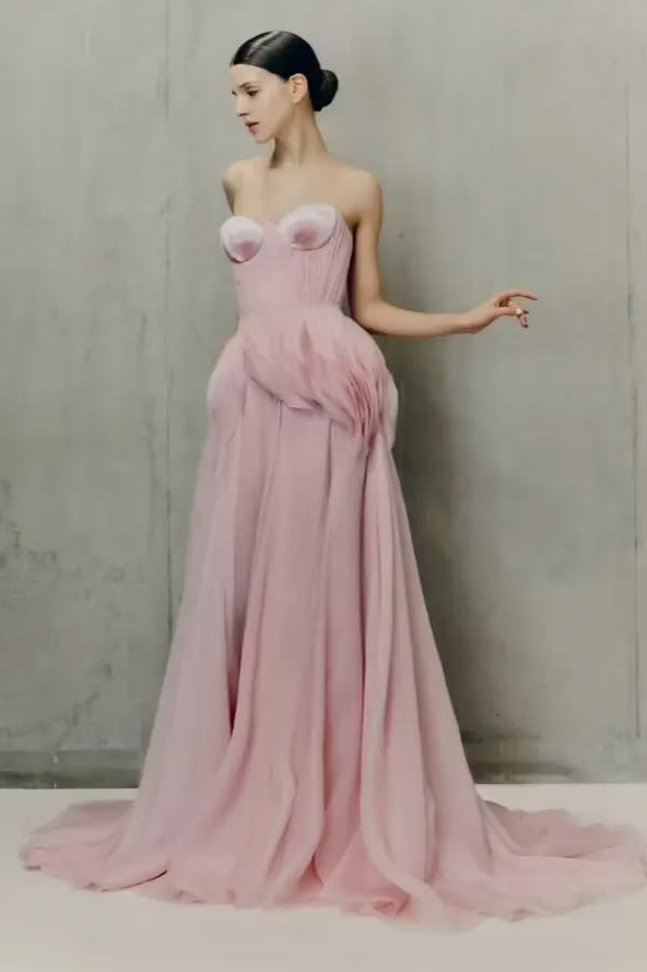 Chiffon Flowy Corset Prom Gown , Pink Romantic Maxi Evening Dress Birthday Dress RS1914