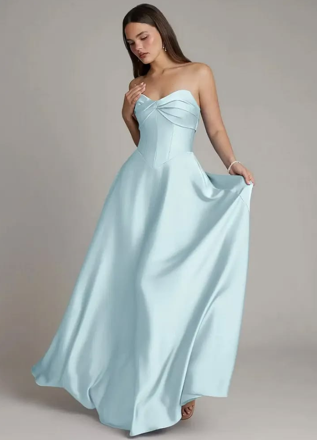 Satin Silky Flowy Corset Prom Gown , Minimalist Pale Blue Maxi Evening Dress RS1915