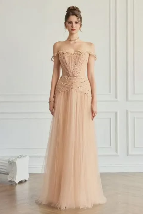 Embroidered Tulle Hazy Corset Prom Gown , French Chic Champagne Maxi Evening Dress RS1918