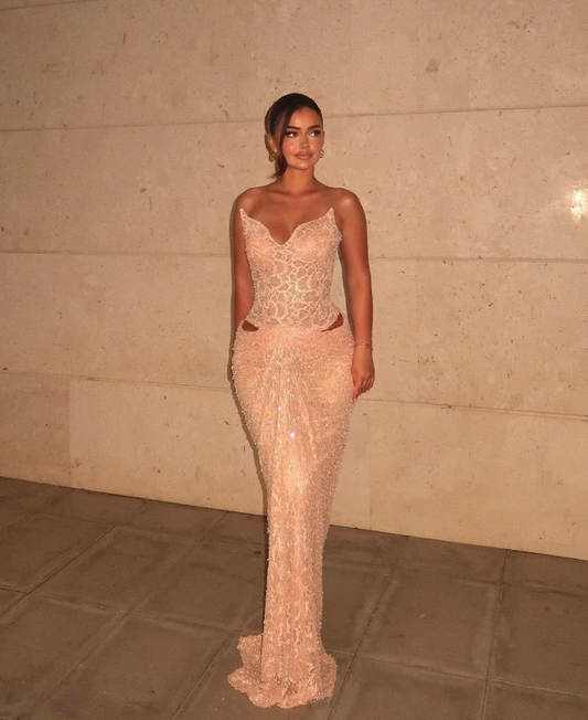 Sequins Fish scale-Tulle Hazy Bodycon Prom Gown , Sparkly Ivory Maxi Cocktail Dress RS1920