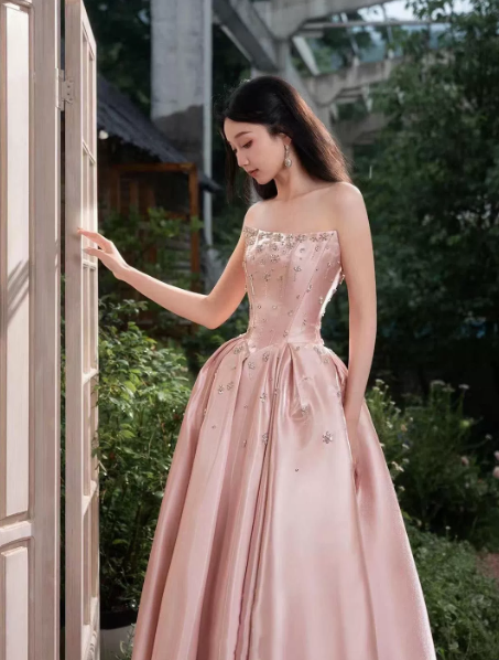 Silky Satin Applique Corset Prom Gown , Gentle Pink Maxi Evening Dress Birthday Dress RS1921