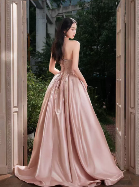 Silky Satin Applique Corset Prom Gown , Gentle Pink Maxi Evening Dress Birthday Dress RS1921