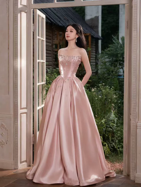 Silky Satin Applique Corset Prom Gown , Gentle Pink Maxi Evening Dress Birthday Dress RS1921