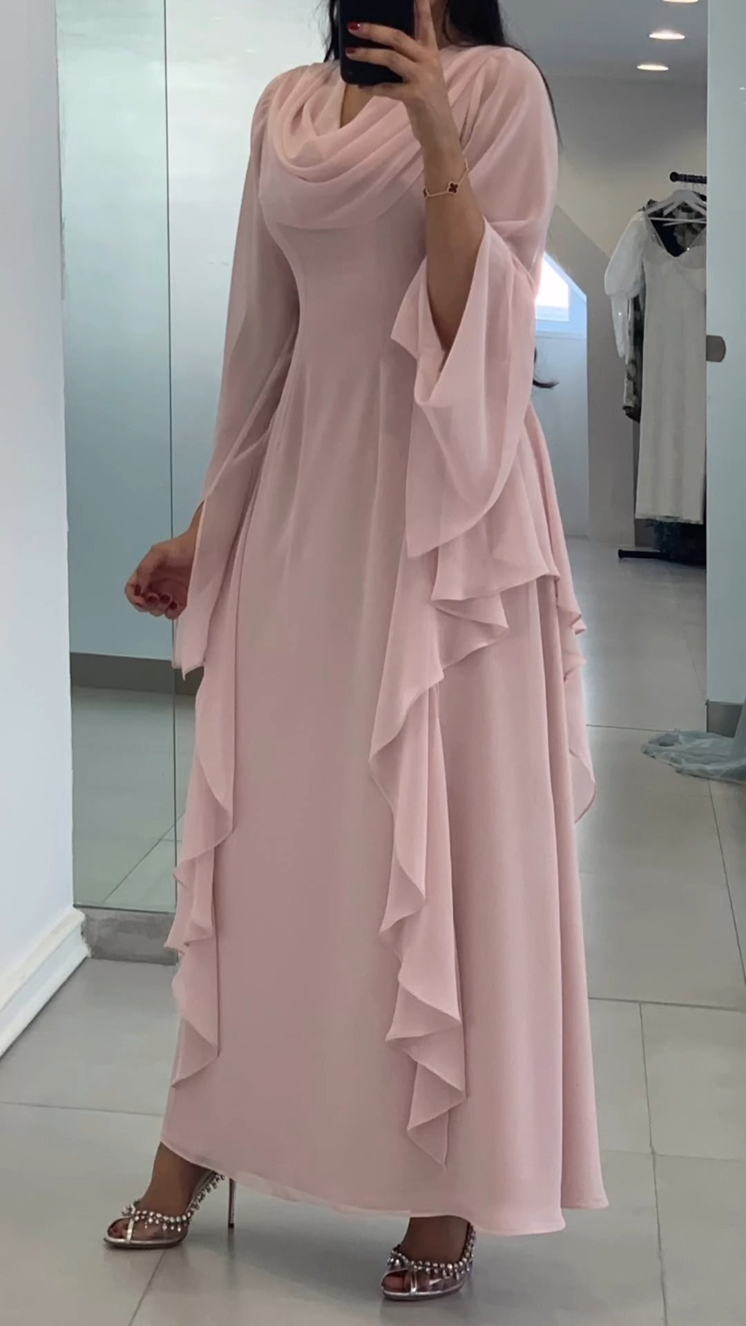 Puff Sleeve Pink Loose Ankle-Length Casual Dress Evening Dress     S7007