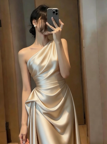 Silky Satin Bodycon Prom Gown , Sparkly Ivory Maxi Evening Dress Ball Gown RS1922