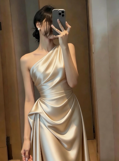 Silky Satin Bodycon Prom Gown , Sparkly Ivory Maxi Evening Dress Ball Gown RS1922
