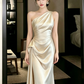 Silky Satin Bodycon Prom Gown , Sparkly Ivory Maxi Evening Dress Ball Gown RS1922