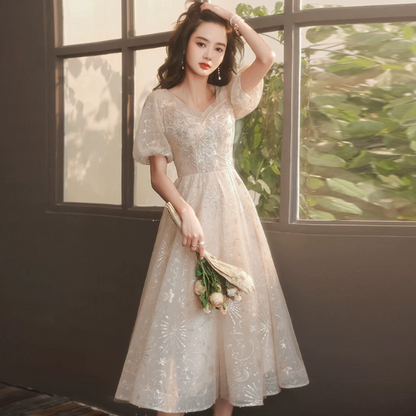 Beaded Flowy Tulle Corset Prom Gown , Gentle Ivory Maxi Evening Dress Ball Gown RS1924