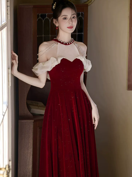 Satin Beaded Corset Prom Gown , Sparkly Burgundy Maxi Evening Dress Ball Gown RS1925