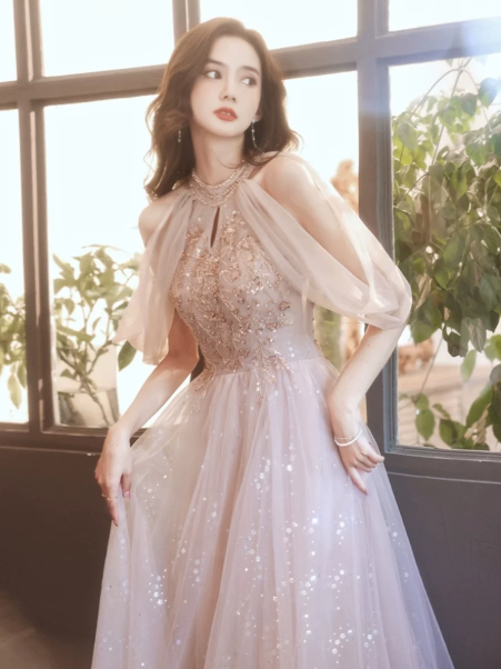 Tulle Applique Corset Prom Gown , Sparkly Champagne Maxi Evening Dress Ball Gown RS1926