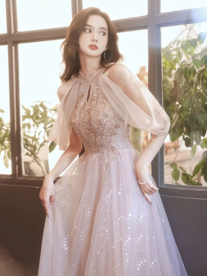 Tulle Applique Corset Prom Gown , Sparkly Champagne Maxi Evening Dress Ball Gown RS1926