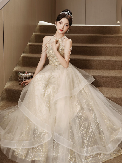 Sparkly Ivory A-Line High Collar Tulle Sequins Corset Maxi Wedding Dress RS1897