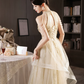 Sparkly Ivory A-Line High Collar Tulle Sequins Corset Maxi Wedding Dress RS1897