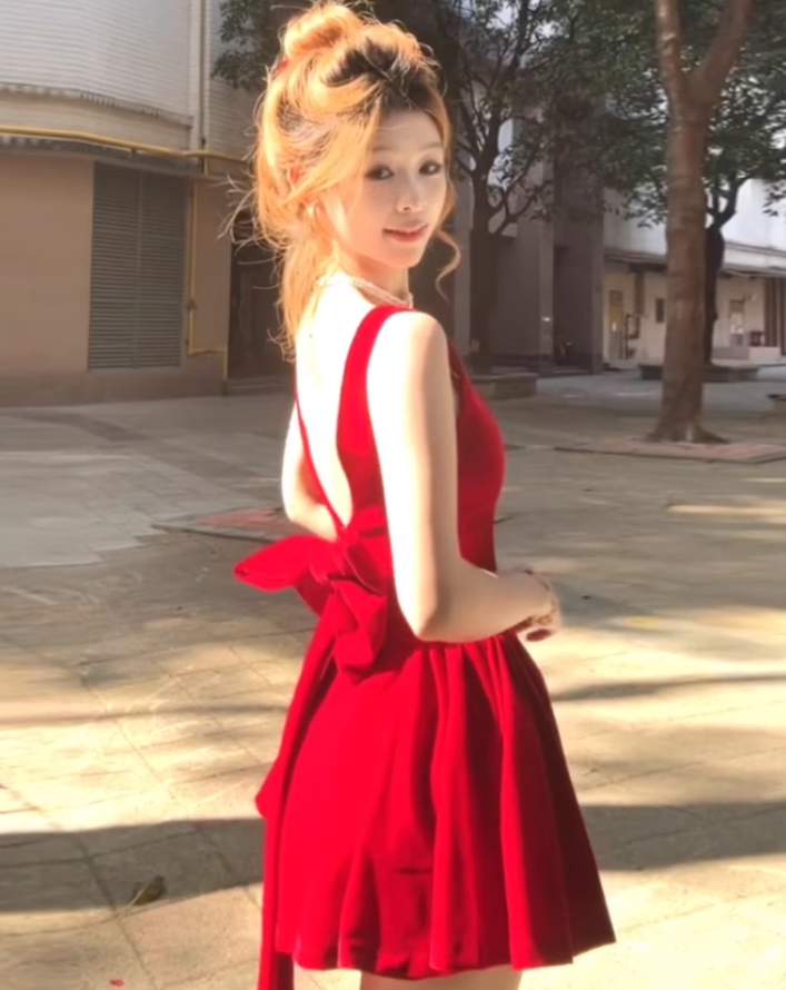 Large size French pure velvet square neck dress red birthday puffy dress R1886