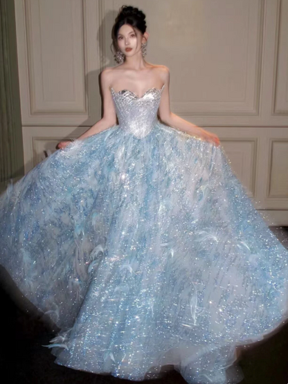 Sequins Feather Decor Corset Prom Gown , Dreamy Blue Maxi Evening Dress Quinceanera Dress RS1930