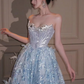 Sequins Feather Decor Corset Prom Gown , Dreamy Blue Maxi Evening Dress Quinceanera Dress RS1930