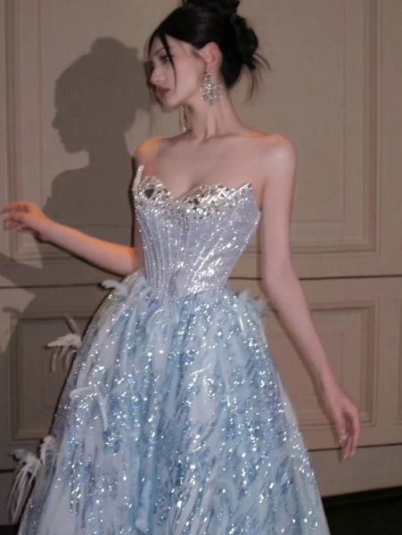 Sequins Feather Decor Corset Prom Gown , Dreamy Blue Maxi Evening Dress Quinceanera Dress RS1930