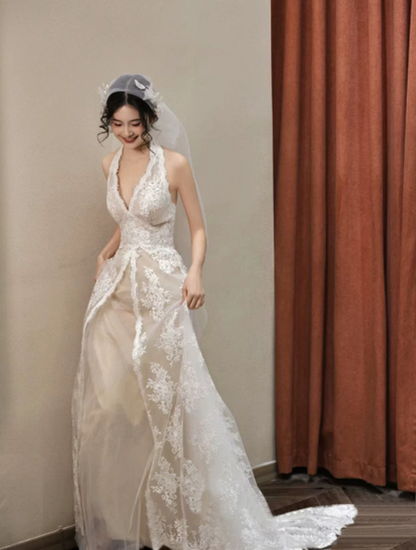 Dreamy Ivory A-Line Halter Lace Trim Corset Maxi Wedding Dress RS1898