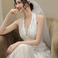 Dreamy Ivory A-Line Halter Lace Trim Corset Maxi Wedding Dress RS1898