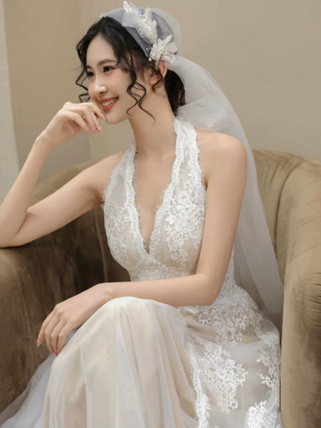 Dreamy Ivory A-Line Halter Lace Trim Corset Maxi Wedding Dress RS1898