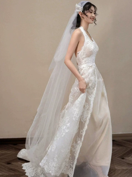 Dreamy Ivory A-Line Halter Lace Trim Corset Maxi Wedding Dress RS1898