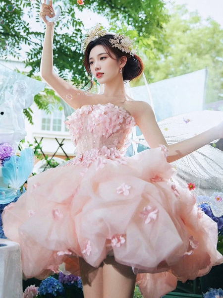 Puffy Tulle Applique Corset Homecoming Dress , Sweet Blush Pink Mini Birthday Dress RS1966