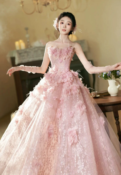 Romantic Tulle Floral Decor Corset Prom Gown , Dreamy Pink Maxi Evening Dress Quinceanera Dress RS1931