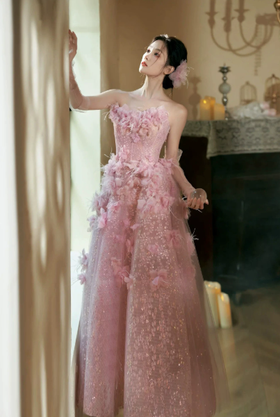 Romantic Tulle Floral Decor Corset Prom Gown , Dreamy Pink Maxi Evening Dress Quinceanera Dress RS1931