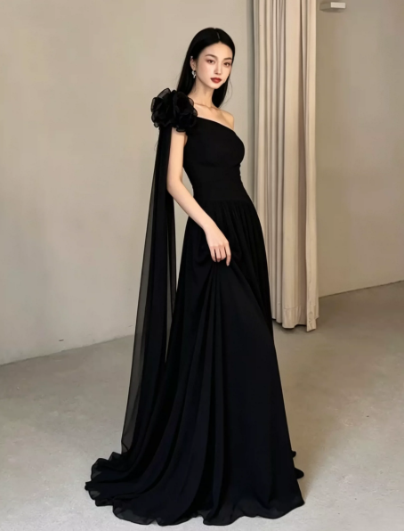 Chiffon Flowy Corset Prom Gown , Minimalist Black Maxi Evening Dress RS1932