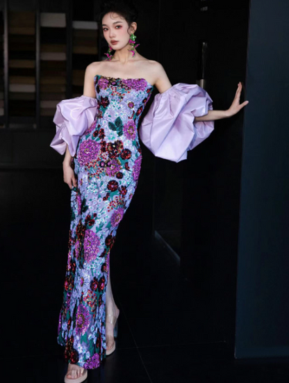 Embroidered Floral Pattern Corset Prom Gown , French Retro Purple Maxi Party Dress RS1933