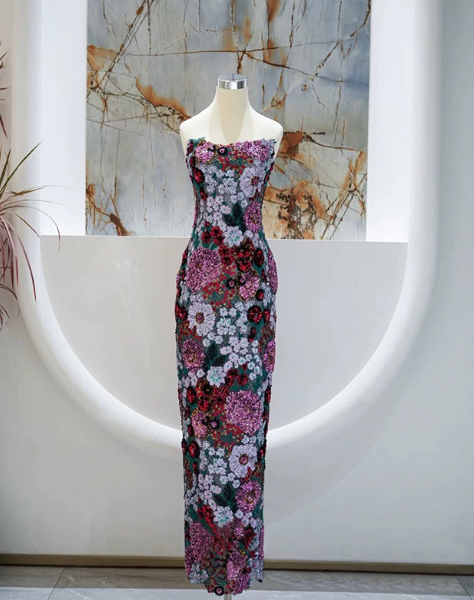 Embroidered Floral Pattern Corset Prom Gown , French Retro Purple Maxi Party Dress RS1933