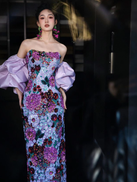 Embroidered Floral Pattern Corset Prom Gown , French Retro Purple Maxi Party Dress RS1933