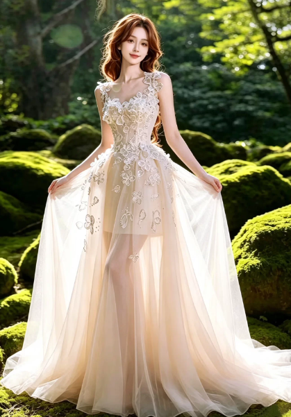 Sparkly Ivory A-Line Spaghetti Straps Tulle Applique Corset Maxi Wedding Dress RS1900