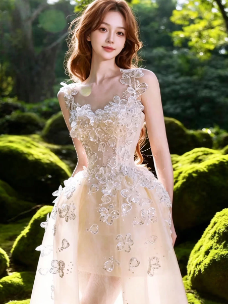 Sparkly Ivory A-Line Spaghetti Straps Tulle Applique Corset Maxi Wedding Dress RS1900