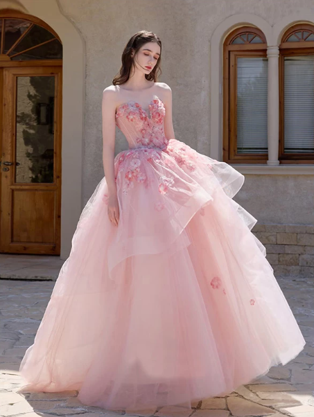 Tulle Puffy Applique Corset Prom Gown ,Romantic Pink Maxi Birthday Dress Quinceanera Dress RS1935