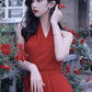 Retro halter neck dress sexy wine red temperament slim high-end dress R1486