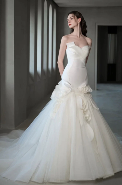 Dreamy White Mermaid Sweetheart Tulle Applique Corset Maxi Wedding Dress RS1901
