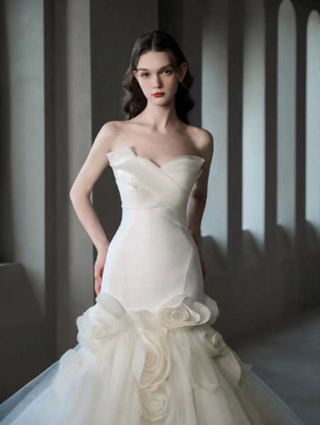 Dreamy White Mermaid Sweetheart Tulle Applique Corset Maxi Wedding Dress RS1901