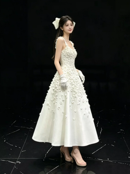 Satin Floral Decor Corset Prom Gown ,Gentle White Maxi Evening Dress Birthday Dress RS1937