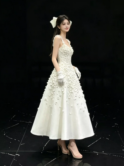 Satin Floral Decor Corset Prom Gown ,Gentle White Maxi Evening Dress Birthday Dress RS1937