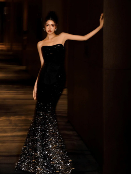 Mermaid Sequins Tulle Corset Prom Gown ,Sparkly Black Maxi Evening Dress RS1938