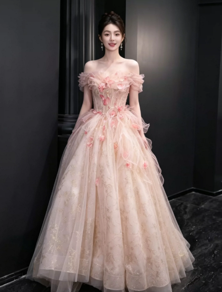 Tulle Hazy Applique Corset Prom Gown ,Sweet Pink Maxi Evening Dress Birthday Dress RS1939
