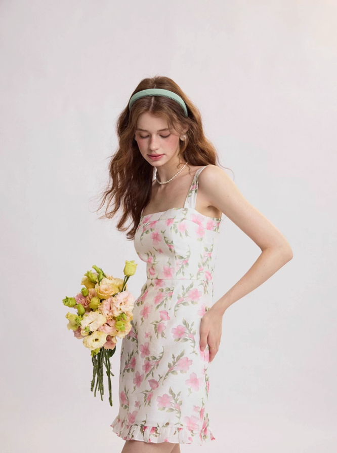 French floral suspender short dress R2710