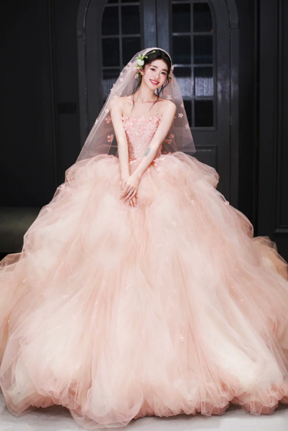 Tulle Puffy Applique Corset Prom Gown ,Romantic Blush Pink Maxi Birthday Dress Quinceanera Dress RS1942