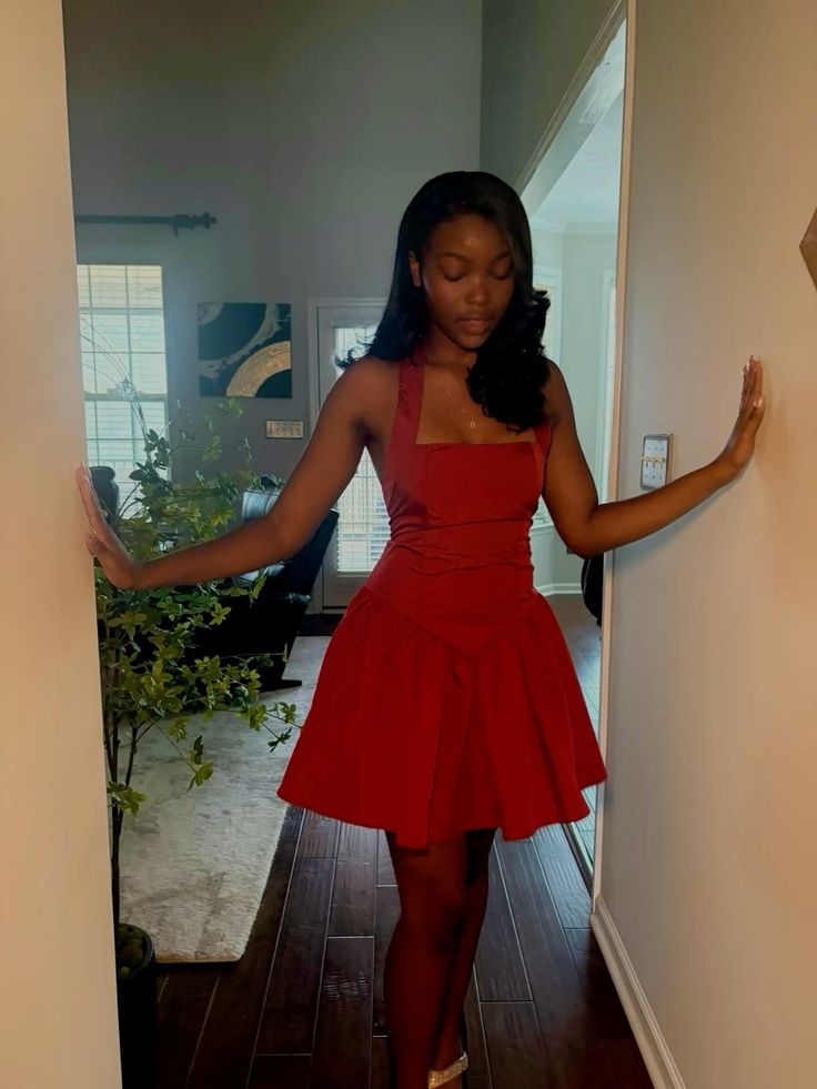 Minimalist Red A-Line Halter Satin Bodycon Mini Dress Homecoming Dress RS212